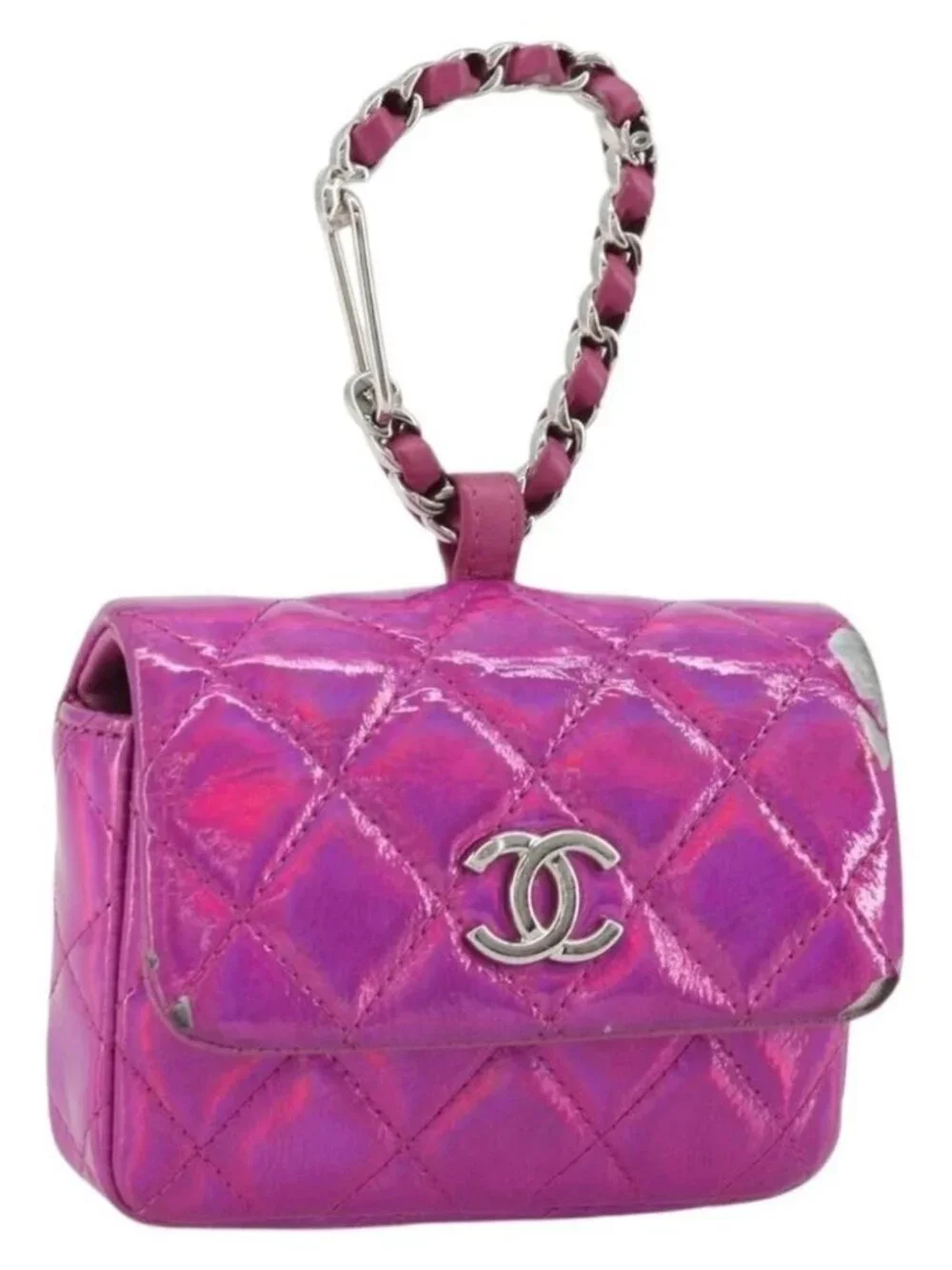 CHANEL Matelasse Carabiner Pouch Patent leather Pink Silver CC Auth YKZ1380A